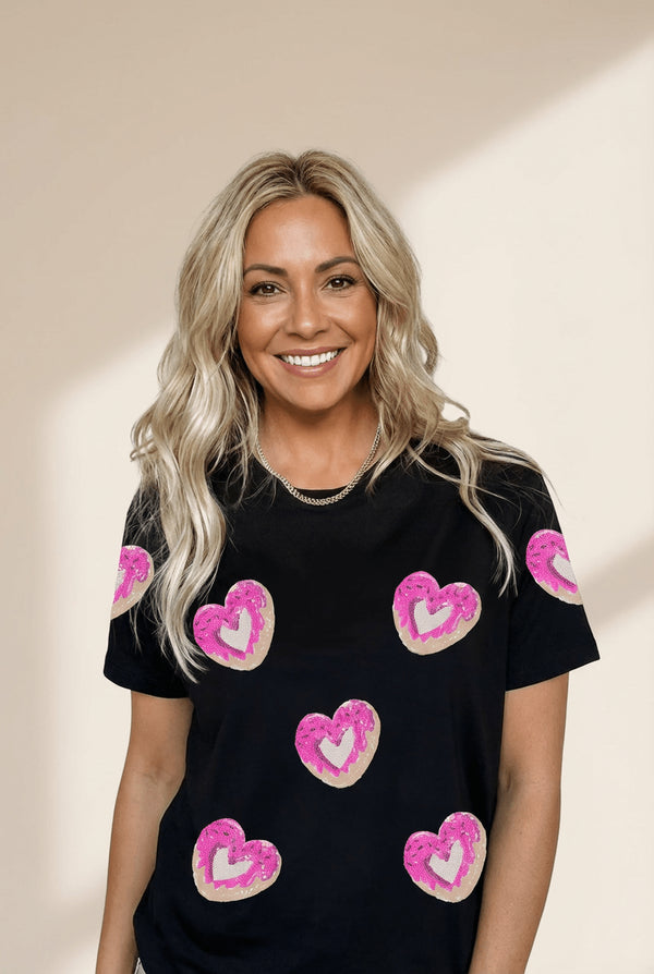 Women's Fun Black Sequin Heart Graphic Tee - Stylish Casual Top with Playful Donut Design for Valentine's Day