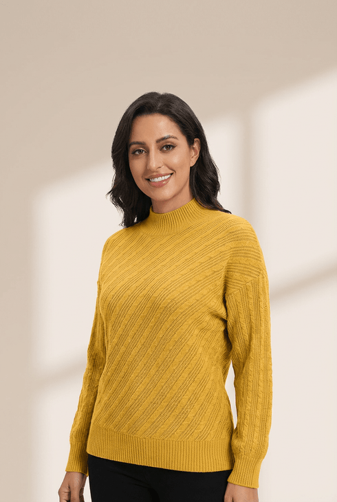 Women's Ginger High Neck Cable Texture Knit Sweater with Drop Shoulders