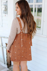 Gold Flame Flower Embroidered Corduroy Overall Mini Dress