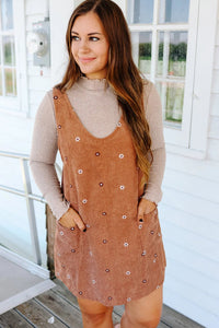 Gold Flame Flower Embroidered Corduroy Overall Mini Dress