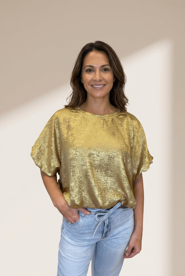 Women's Gold Metallic Puff Sleeve Blouse | Shimmering Relaxed Top