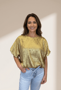 Women's Gold Metallic Puff Sleeve Blouse | Shimmering Relaxed Top