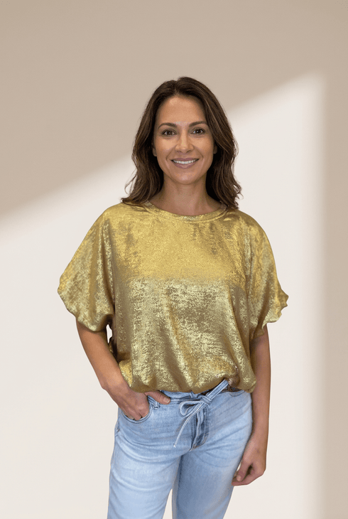 Women's Gold Metallic Puff Sleeve Blouse | Shimmering Relaxed Top