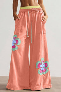 Women's Grapefruit Orange Color Block Wide Leg Pants with Flower Patchwork and Drawstring Elastic Waist for a Trendy Fit
