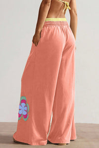 Grapefruit Orange Color Block Flower Patchwork Drawstring Contrasted Elastic Waist Wide Leg Pants