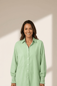 Women's Grass Green Pinstripe Button-Up with Smocked Cuffs