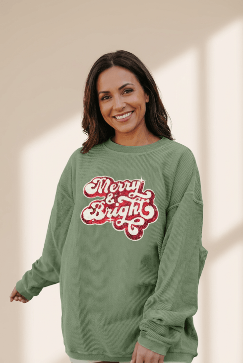 Women's Grass Green Ribbed Sequin Holiday Sweatshirt