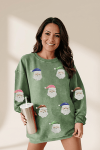 Women's Grass Green Santa Claus Graphic Corded Sweatshirt
