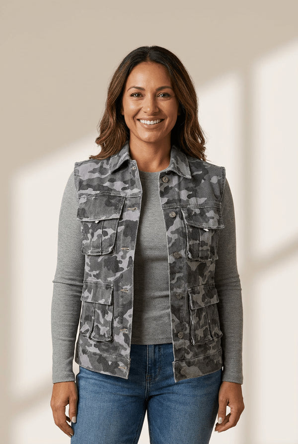 Women's Gray Camo Denim Cargo Vest with Utility Pockets