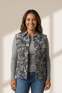Women's Gray Camo Denim Cargo Vest with Utility Pockets