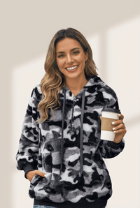 Women's Gray Camouflage Sherpa 1/4 Zip Fleece Hoodie