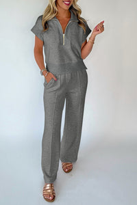 women's gray casual half zip polo tee and pant set - chic, comfortable outfit for everyday style and relaxed fit with practical styling and dependable