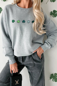 
Women's Gray Clover Embroidered Drop Shoulder Sweatshirt
