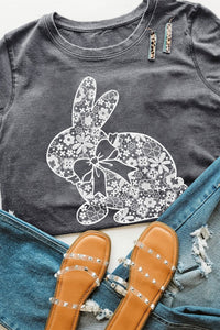
Women's Gray Easter Rabbit Lace Print T-Shirt - Trendy Casual Fit for Spring Celebrations and Everyday Wear