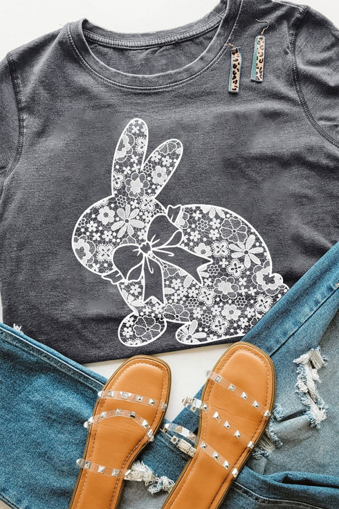 Women's Gray Easter Rabbit Lace Print T-Shirt - Trendy Casual Fit for Spring Celebrations and Everyday Wear