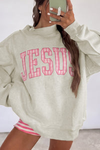 Women's Gray High Neck Polka Dot Sweatshirt with Slogan