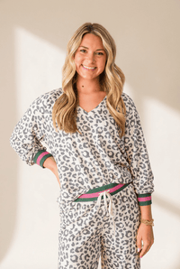 Women's Gray Leopard Print V-Neck Lounge Set with Striped Trim