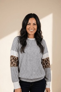 Women's Gray Ribbed Knit Colorblock Top with Leopard Contrast