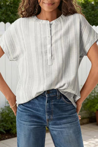 women's gray short sleeve gauze blouse with half button – casual chic top for effortless style and comfort with practical styling and dependable