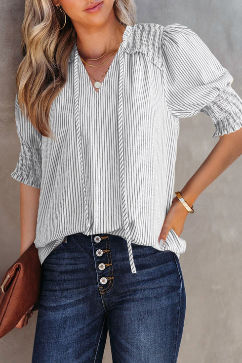 women's gray striped puff sleeve blouse with shirred detail and v-neck – easy and wearable top with practical styling and dependable silhouette