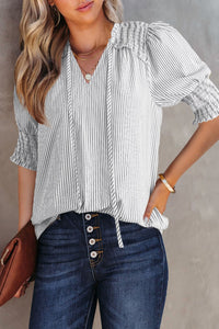 women's gray striped puff sleeve blouse with shirred detail and v-neck – easy and wearable top with practical styling and dependable silhouette