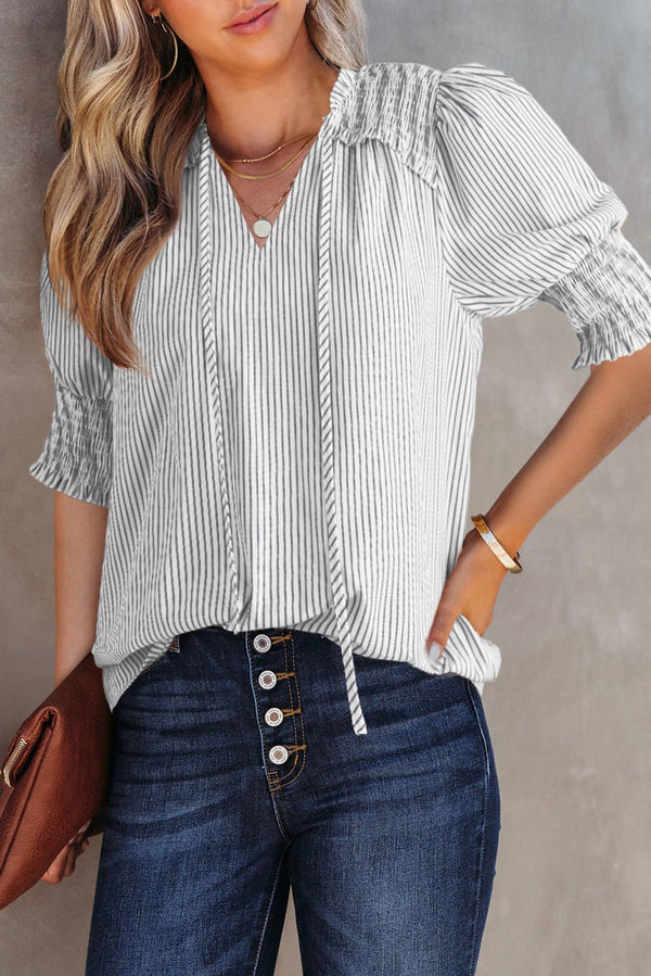 women's gray striped puff sleeve blouse with shirred detail and v-neck – easy and wearable top with practical styling and dependable silhouette