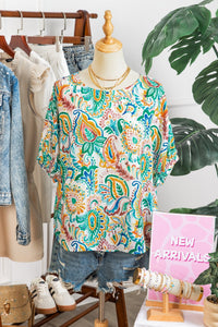 Green Boho Paisley Floral Printed Puff Sleeve Blouse