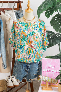 Green Boho Paisley Floral Printed Puff Sleeve Blouse