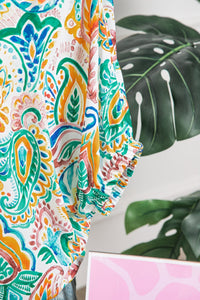 Green Boho Paisley Floral Printed Puff Sleeve Blouse