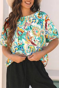 Women's Green Boho Floral Puff Sleeve Blouse - Effortlessly Chic with Stylish Paisley Print for Casual Outings