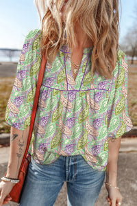Women's Green Paisley V-Neck Blouse with Half Puff Sleeves