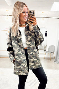 Green Camo Chest Pockets Loose Jean Jacket