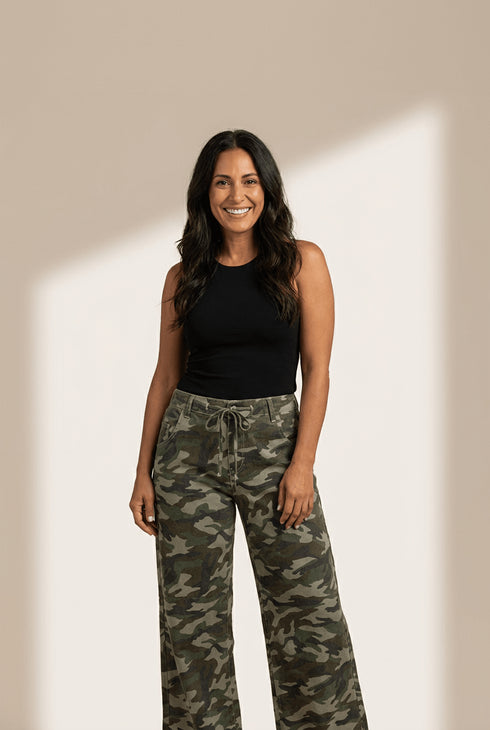 Women's Green Camouflage Wide-Leg Denim Drawstring Pants