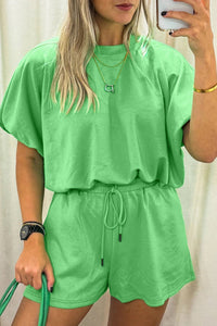 women's green casual 2-piece set: puffy loose top and drawstring shorts for effortless summer style with practical styling and dependable silhouette