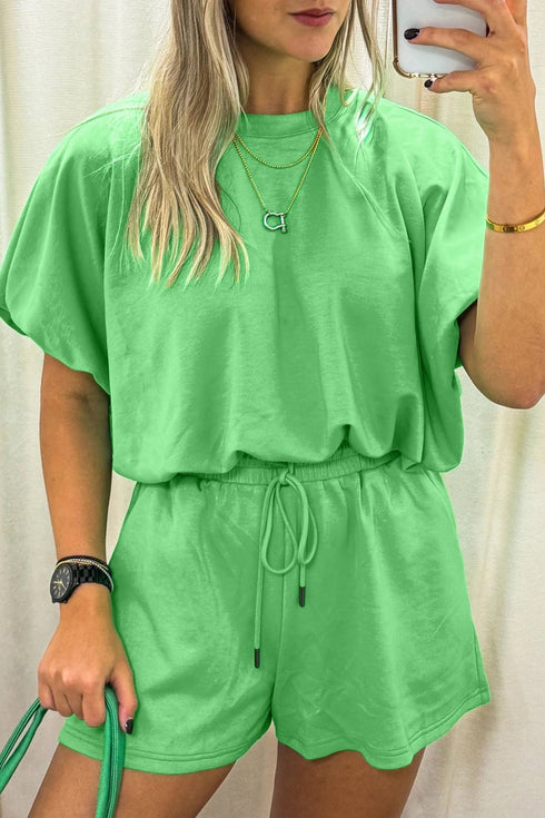 women's green casual 2-piece set: puffy loose top and drawstring shorts for effortless summer style with practical styling and dependable silhouette