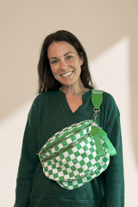 Women's Green Checkered Nylon Crossbody Bag with Wide Strap