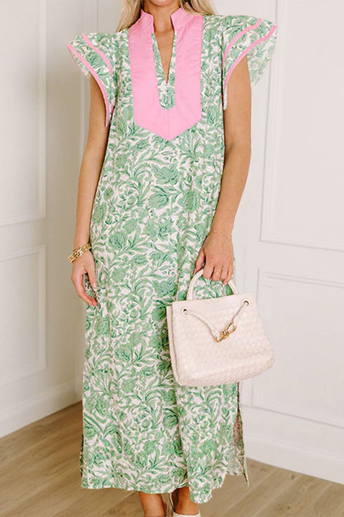 Women's Green Floral Color Block Midi Dress - Chic V-Neck, Short Sleeve, Ideal for Summer Parties and Events