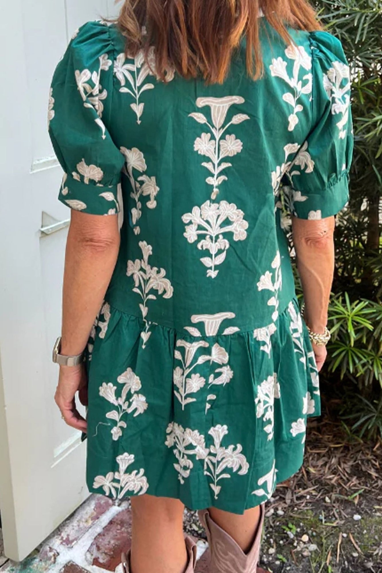 casual green mini dress Women's Floral with Frilled V-Neck and Puff Sleeves Line Dress Sleeveless Cutout Blush Sheer Neck bridesmaid Winter23 Color:Seafoam Ivory