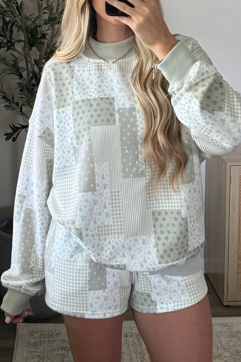 Women's Green Floral Patchwork Oversized Pullover & Drawstring Shorts Loungewear Set for Comfort and Style