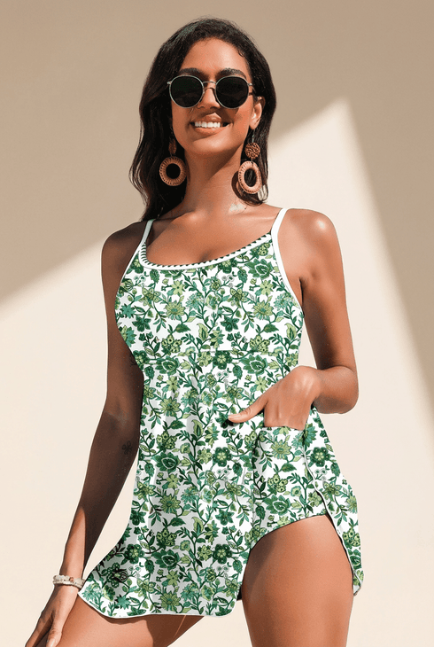 Women's Green Floral Spaghetti Strap Swim Dress with Ricrac Trim - Chic One-Piece Beachwear for Summer Adventures