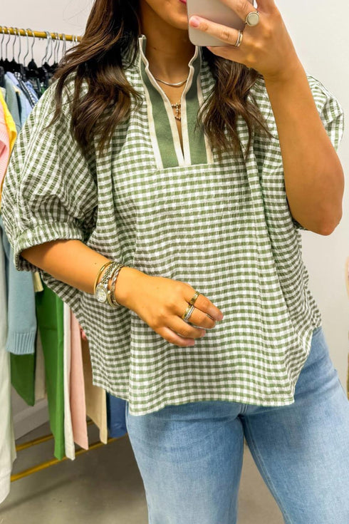 Women's Green Plaid Short Sleeve Blouse with Colorblock Trim and Split Neck – Stylish & Comfortable Top for Casual Wear