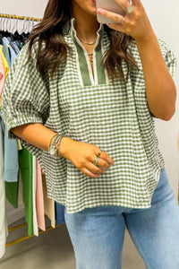Women's Green Plaid Short Sleeve Blouse with Colorblock Trim and Split Neck – Stylish & Comfortable Top for Casual Wear