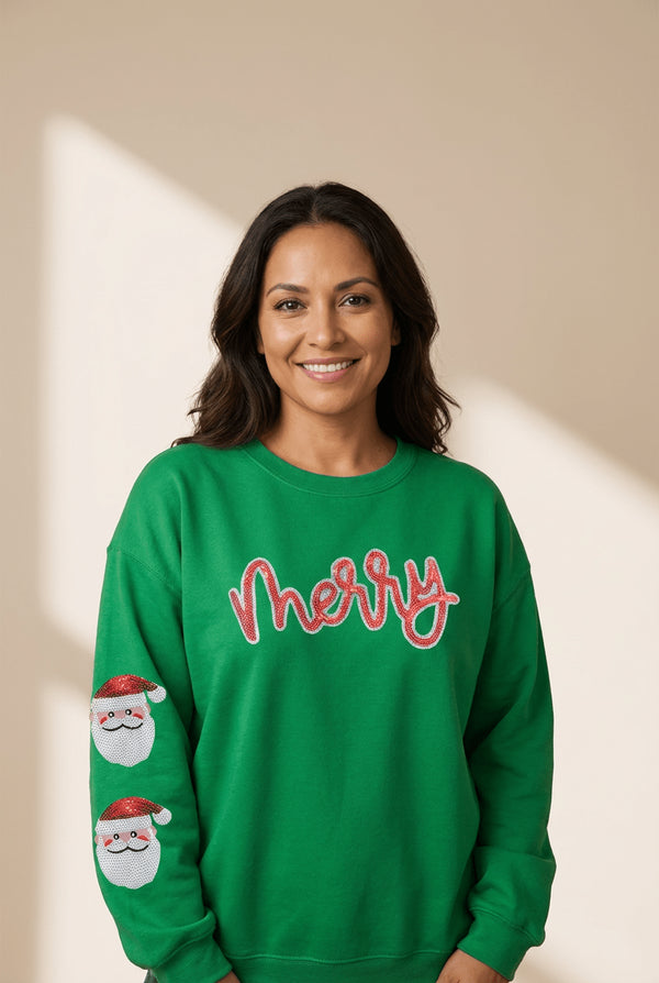 Women's Green Sequin Merry Christmas Sweatshirt with Santa Patches
