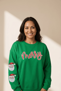 Women's Green Sequin Merry Christmas Sweatshirt with Santa Patches