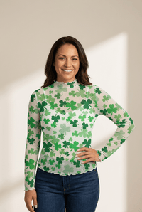 Women's Green Shamrock Lettuce Trim High Neck Mesh Long Sleeve Top - Trendy St. Patrick's Day Fashion