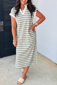 Women's Sage Striped V-Neck Midi Shift Dress with Pockets