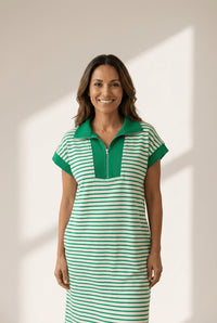Women's Green Striped Quarter-Zip Polo Midi Dress with Pockets
