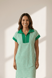 
Women's Green Striped Quarter-Zip Polo Midi Dress with Pockets