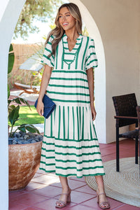Women's Green Striped Summer Dress with Half Sleeves, Ricrac Trim, and Notched Neckline for Effortless Vacation Style