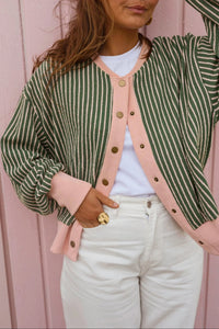 Women's Green Striped V-Neck Long Sleeve Cardigan